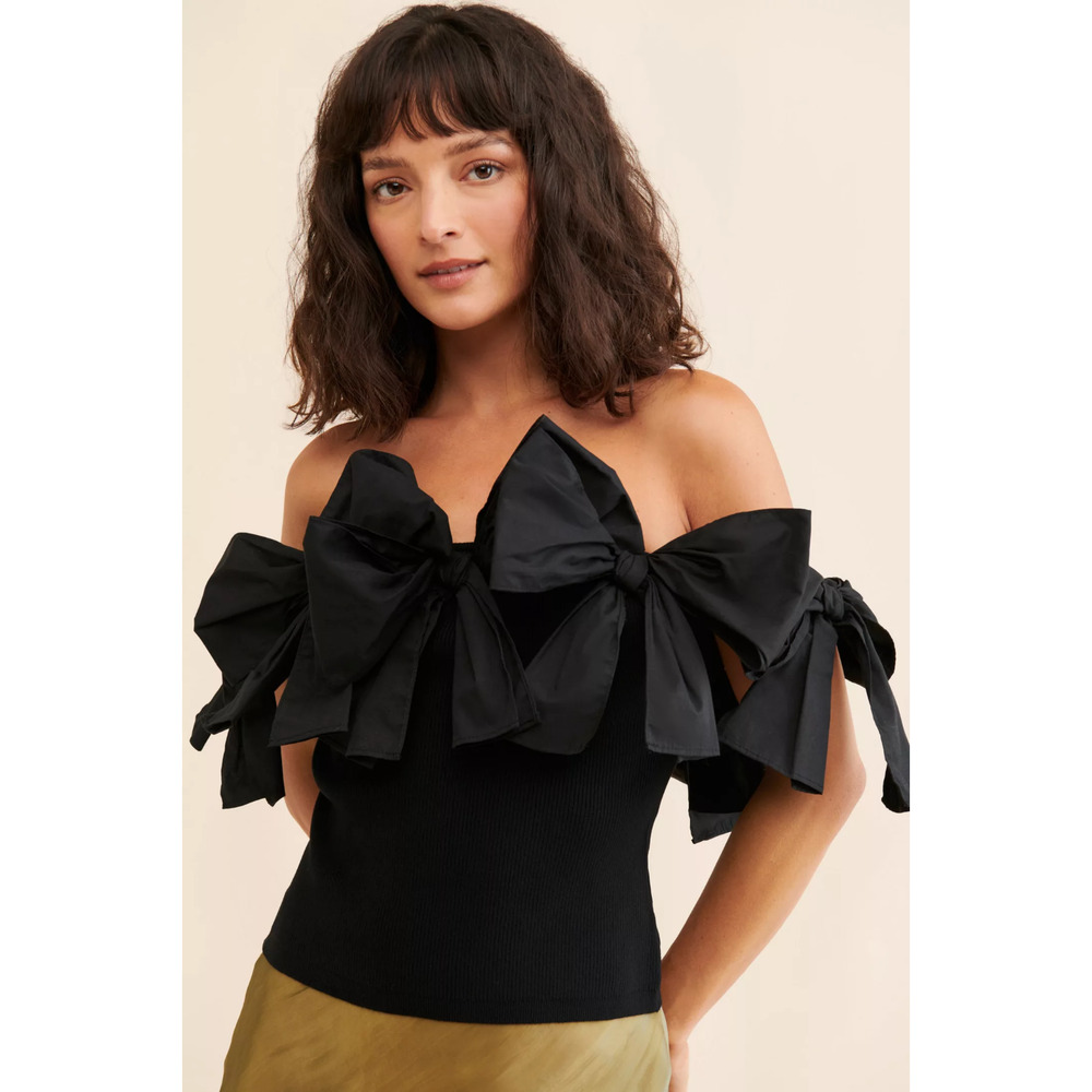 DOLAN Collection Compact Bow Tube Top Off The Shoulder Black Size L Ribbed NWOT